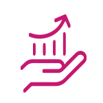 Icono rosa de una mano sosteniendo una flecha y una gráfica que crecen en positivo