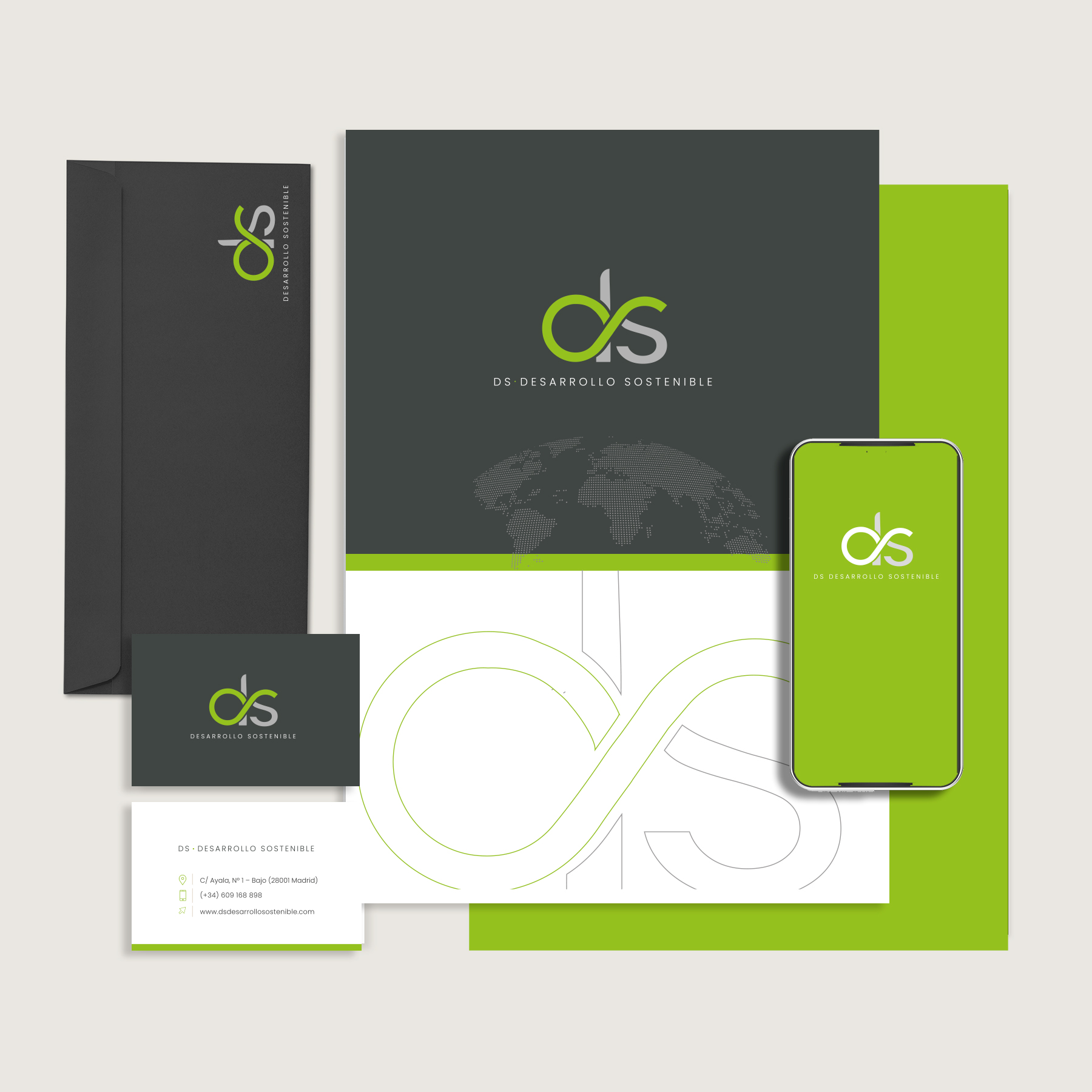 Distintos soportes DS Desarrollo Sostenible. Adaptación del logotipo.